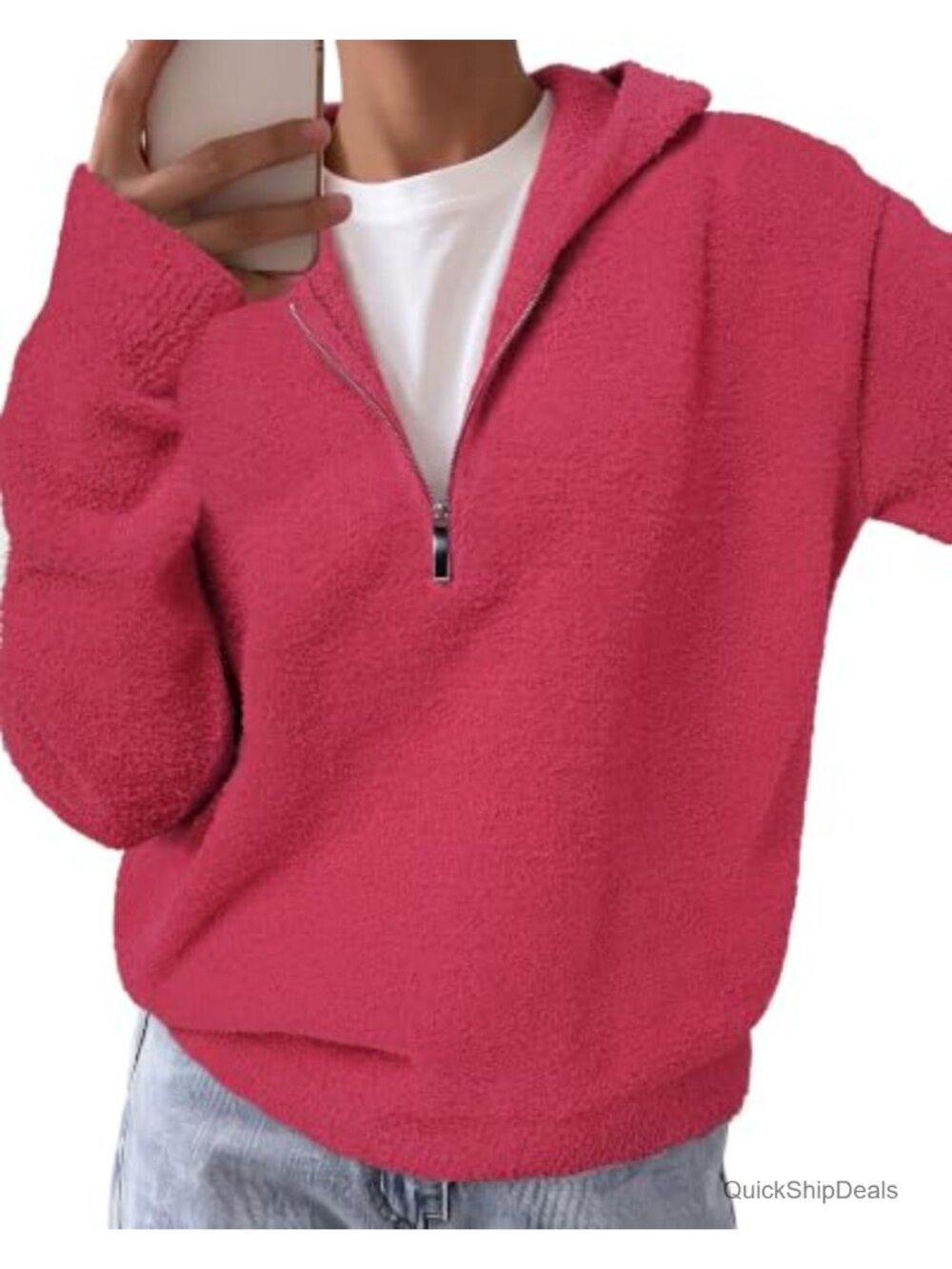 Fleece Quarter Zip Pullover Hoodie Sweatshirt Women Loose Fit